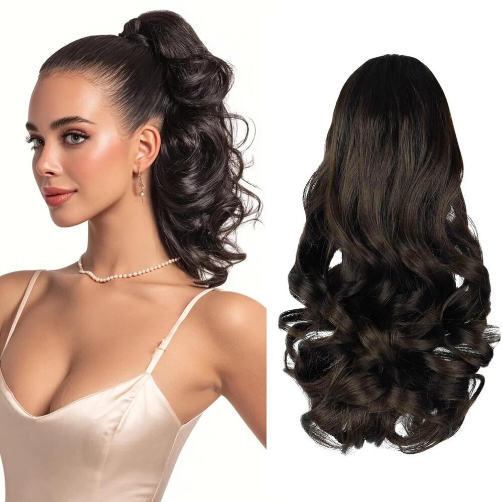 Clip on Ponytail Extension Curly Wavy 12In Dark Brown for Women